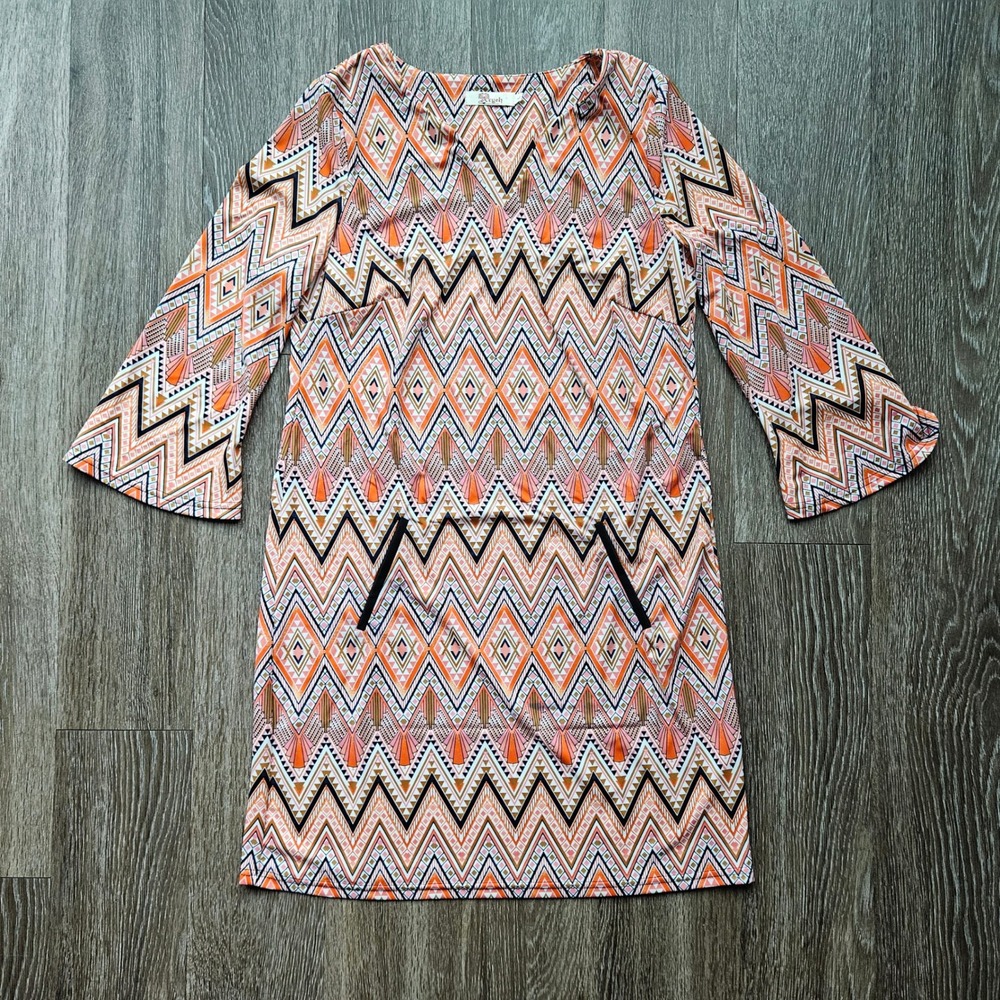 Aryeh Geometric Print Bell Sleeve Shift Dress Women Size L Orange Pink Black